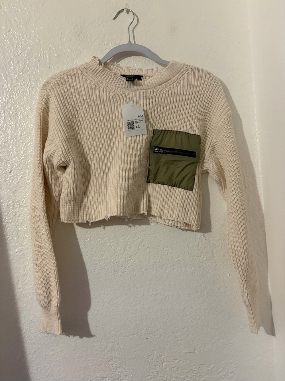 Cropped Cream Knit Sweater with Olive Zip Pocket Forever 21